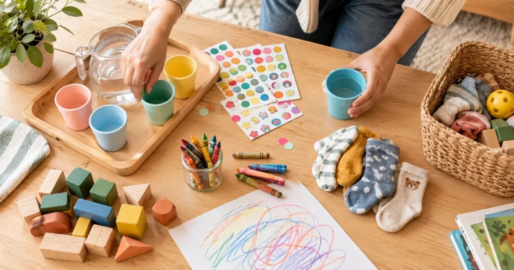 Toddler Activities: 50 Easy Ideas to Keep Little Kids Busy 13 Simple toddler activity supplies including stickers, crayons, cups, socks, blocks, and household objects
