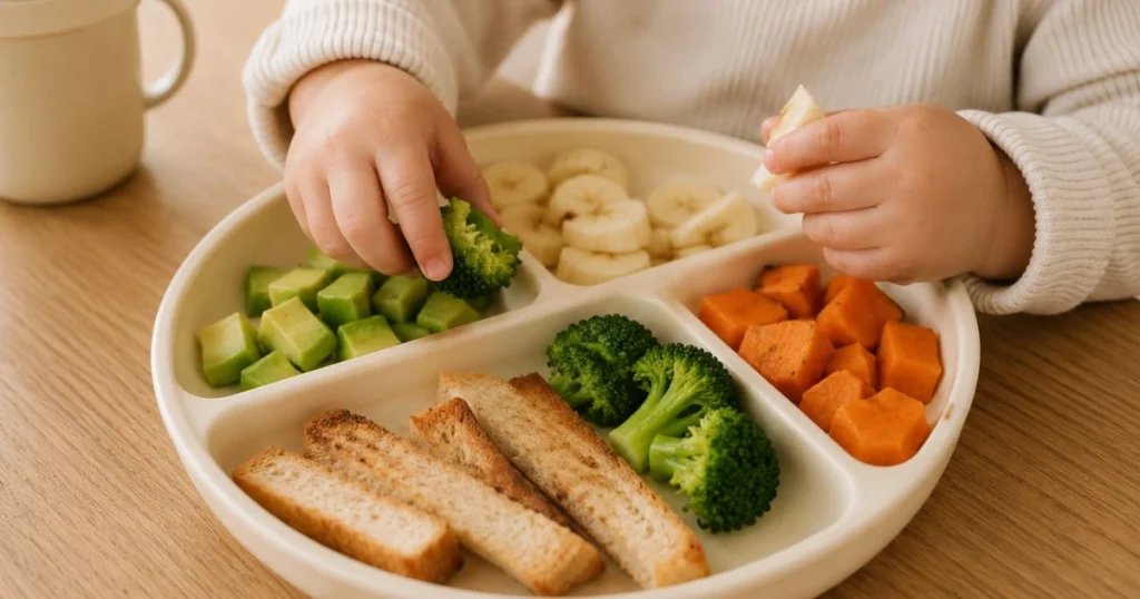 Toddler exploring different finger food textures including avocado, banana, broccoli and sweet potato