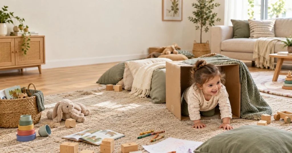 30 Easy Indoor Activities for Toddlers That They’ll Love 7 Toddler crawling through a homemade cushion and blanket obstacle course indoors