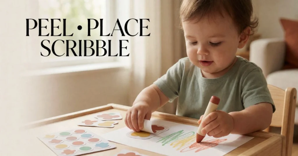Fine Motor Activities for Toddlers: Easy Activities by Age 13 Toddler making sticker art and scribbling with chunky crayons