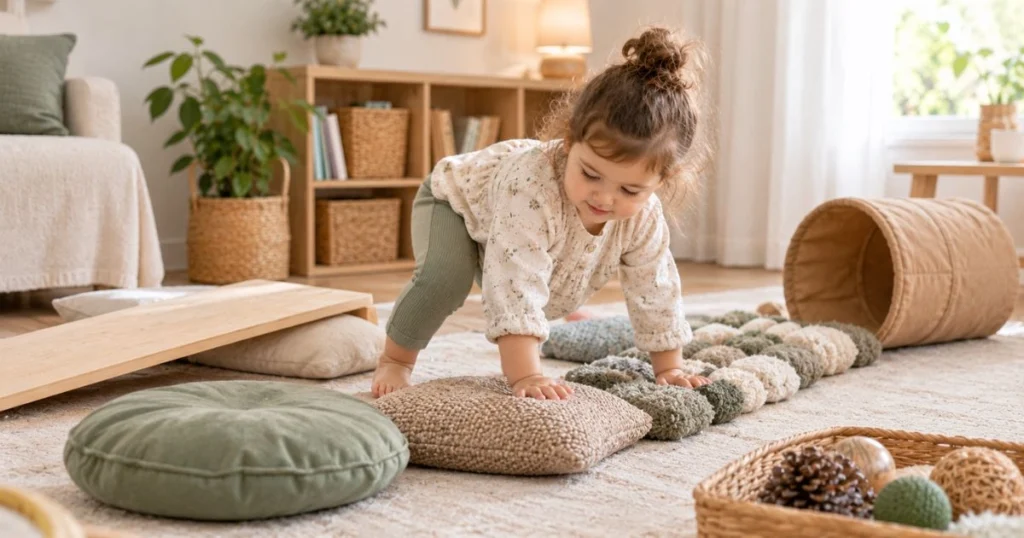 Sensory Play: 25 Easy Activities for Toddlers at Home 17 Toddler crawling and stepping through a soft indoor sensory movement path