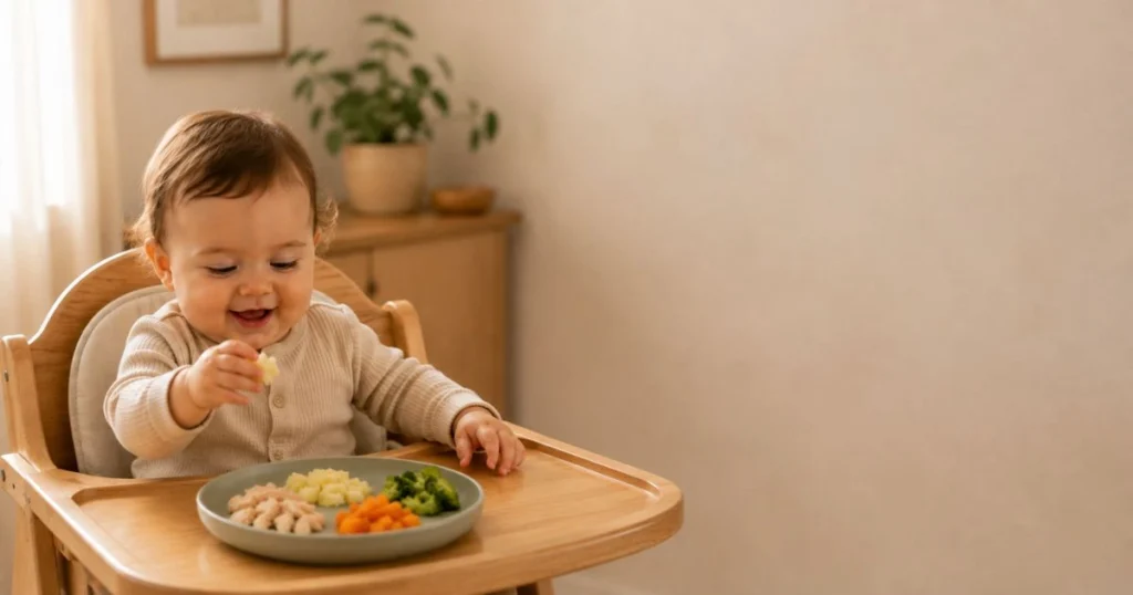 Baby Feeding Schedule by Age: The Complete Month-by-Month Guide 13 Baby eating safely prepared family foods including soft chicken, potato and vegetables