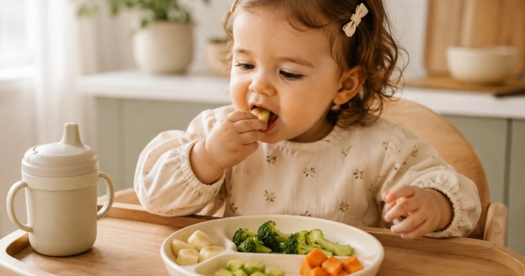 Toddler eating healthy finger foods including banana, avocado, broccoli, sweet potato, egg and toast