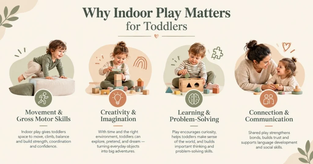 30 Easy Indoor Activities for Toddlers That They’ll Love 4 Infographic showing four benefits of indoor play for toddlers