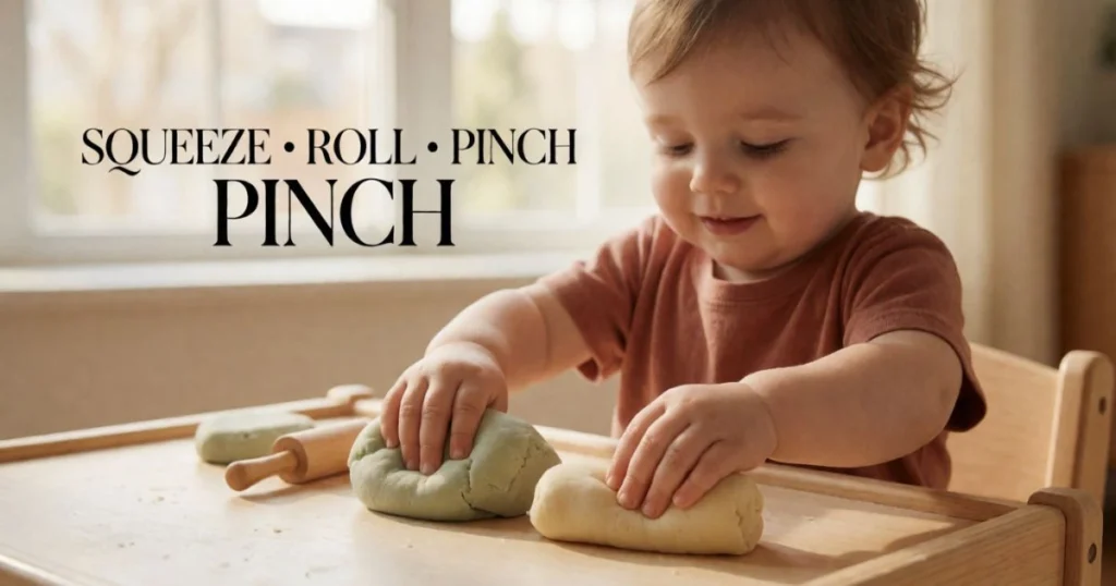 Fine Motor Activities for Toddlers: Easy Activities by Age 14 Toddler squeezing, rolling, and pinching play dough at a small table