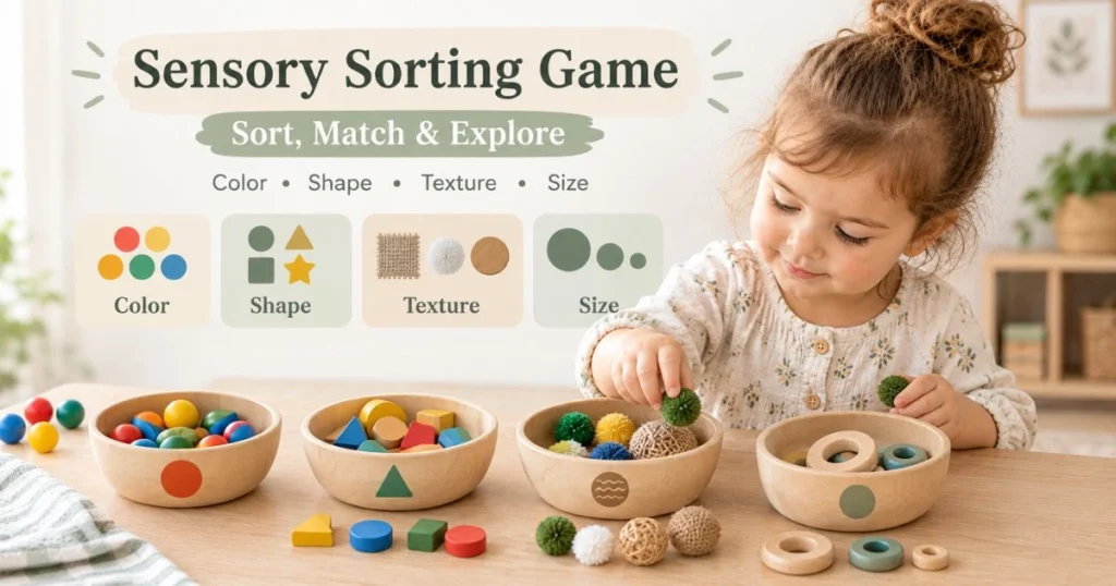 Sensory Play: 25 Easy Activities for Toddlers at Home 18 Infographic showing a toddler sensory sorting activity by color, shape, texture and size