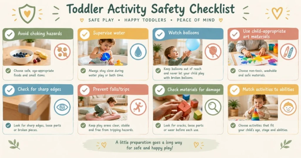 Toddler Activities: 50 Easy Ideas to Keep Little Kids Busy 14 Toddler activity safety checklist covering choking hazards, water, balloons, art materials, falls, and age-appropriate play
