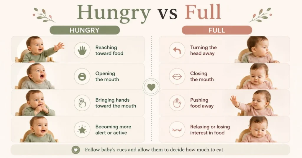 Baby Feeding Schedule by Age: The Complete Month-by-Month Guide 14 Baby hunger and fullness cues showing signs such as reaching for food, turning away and closing the mouth
