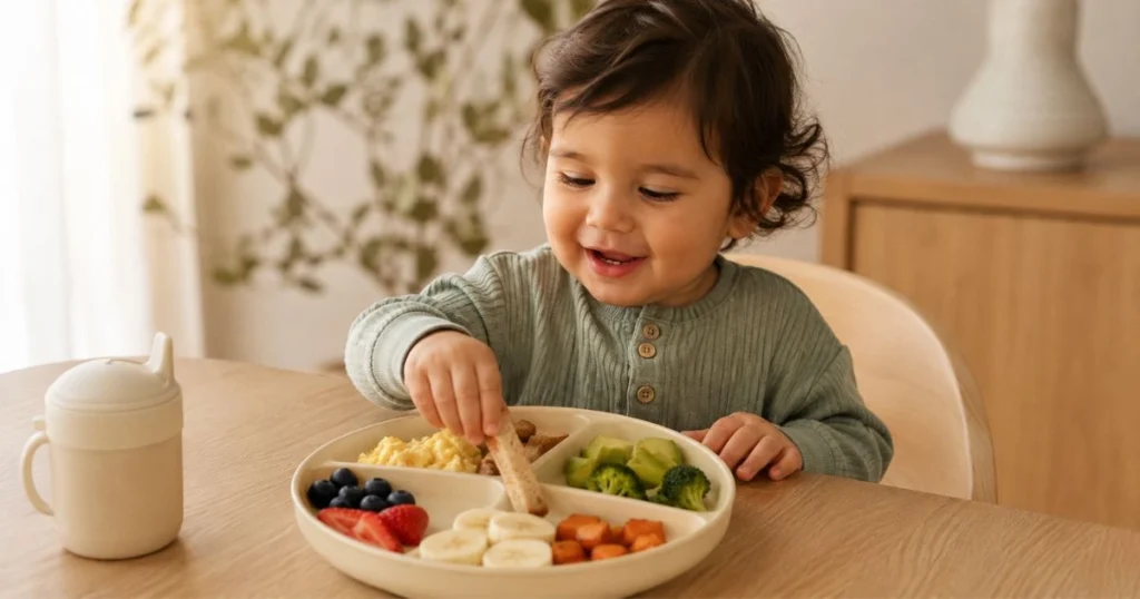 Toddler practicing self-feeding with soft banana, avocado and cooked vegetables