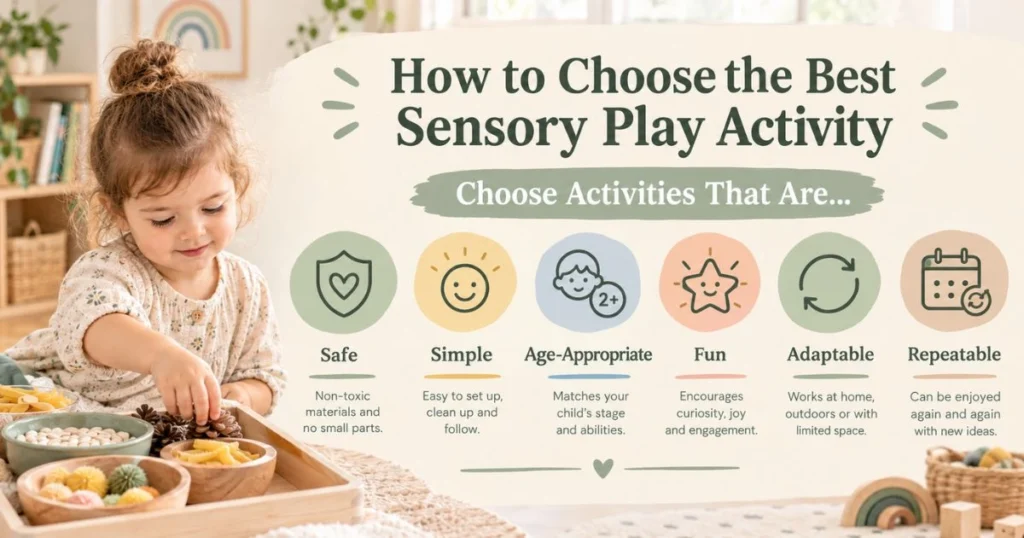 Sensory Play: 25 Easy Activities for Toddlers at Home 19 Infographic showing how to choose safe and age-appropriate sensory play activities for toddlers