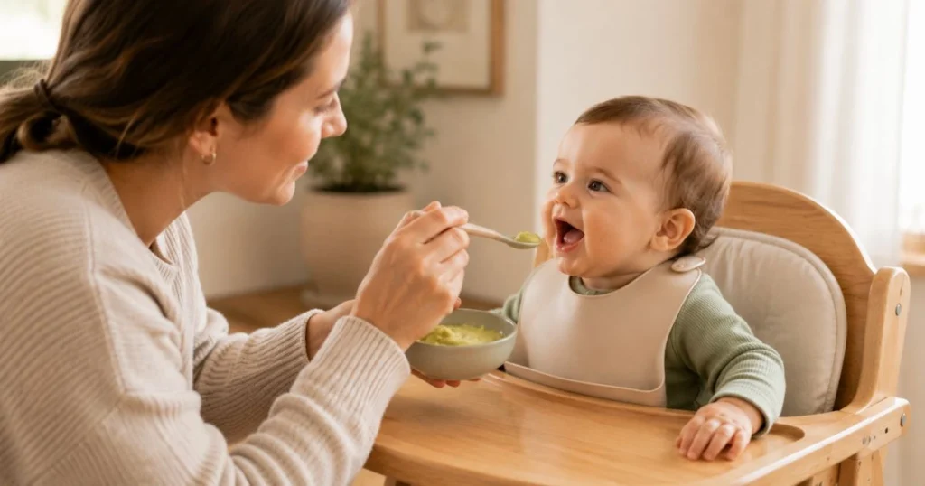 Baby Feeding Schedule by Age: The Complete Month-by-Month Guide 15 Parent calmly offering food to a baby during a relaxed responsive feeding moment