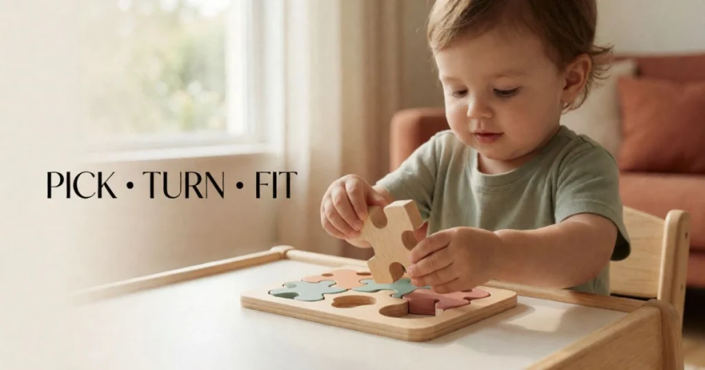 Fine Motor Activities for Toddlers: Easy Activities by Age 17 Toddler fitting a large puzzle piece into a wooden puzzle board