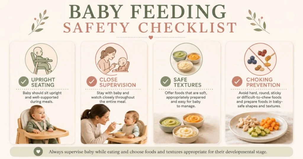 Baby Feeding Schedule by Age: The Complete Month-by-Month Guide 16 Baby feeding safety checklist covering upright seating, supervision, safe textures and choking prevention