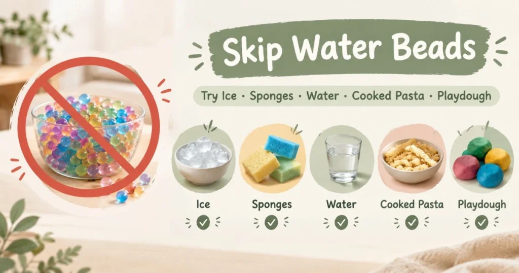Sensory Play: 25 Easy Activities for Toddlers at Home 21 Safety infographic explaining why toddlers should avoid water beads and showing safer sensory alternatives
