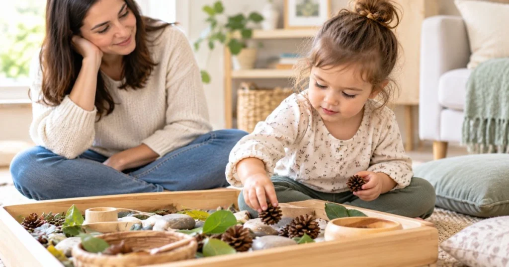 35 Sensory Activities for Toddlers That Are Fun & Easy 19 Parent sitting nearby while toddler independently explores a sensory setup