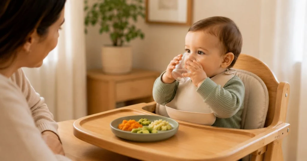 Baby Feeding Schedule by Age: The Complete Month-by-Month Guide 18 Baby drinking a small amount of water from an age-appropriate cup during a meal