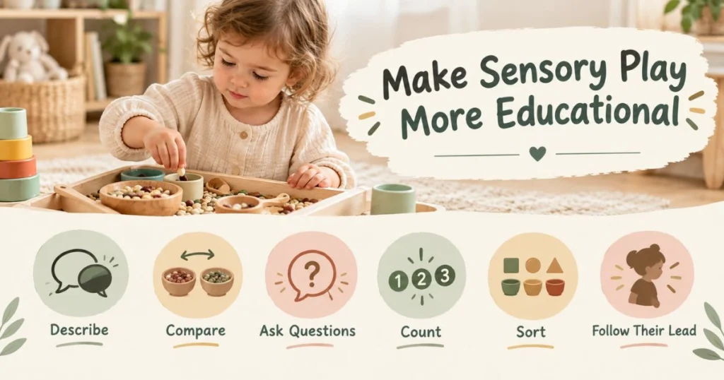 Sensory Play: 25 Easy Activities for Toddlers at Home 22 Infographic showing ways parents can make sensory play more educational for toddlers