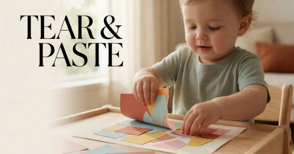 Fine Motor Activities for Toddlers: Easy Activities by Age 19 Toddler tearing paper and placing pieces onto another sheet for a simple art activity