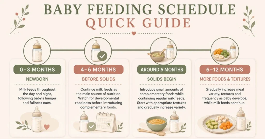 Baby Feeding Schedule by Age: The Complete Month-by-Month Guide 20 Baby feeding schedule quick guide showing feeding patterns from newborn through 12 months