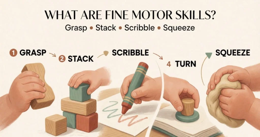 Fine Motor Activities for Toddlers: Easy Activities by Age 4 Illustration showing toddler hands practicing grasping, stacking, scribbling, turning, and squeezing