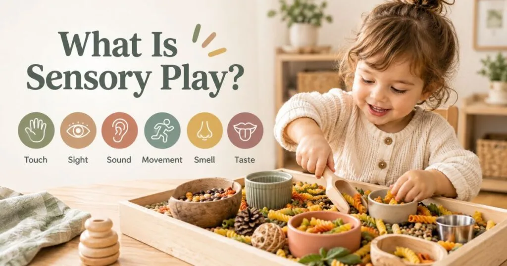 Sensory Play: 25 Easy Activities for Toddlers at Home 4 Infographic showing the different senses involved in sensory play for toddlers