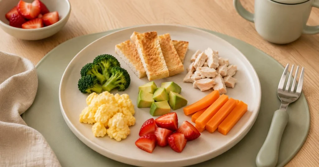 Toddler plate with familiar and new finger foods including banana, toast, avocado, broccoli and scrambled egg