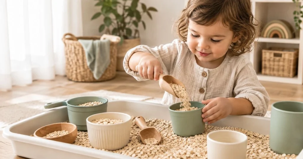 Sensory Play: 25 Easy Activities for Toddlers at Home 7 Toddler scooping oats into cups during a simple sensory bin activity