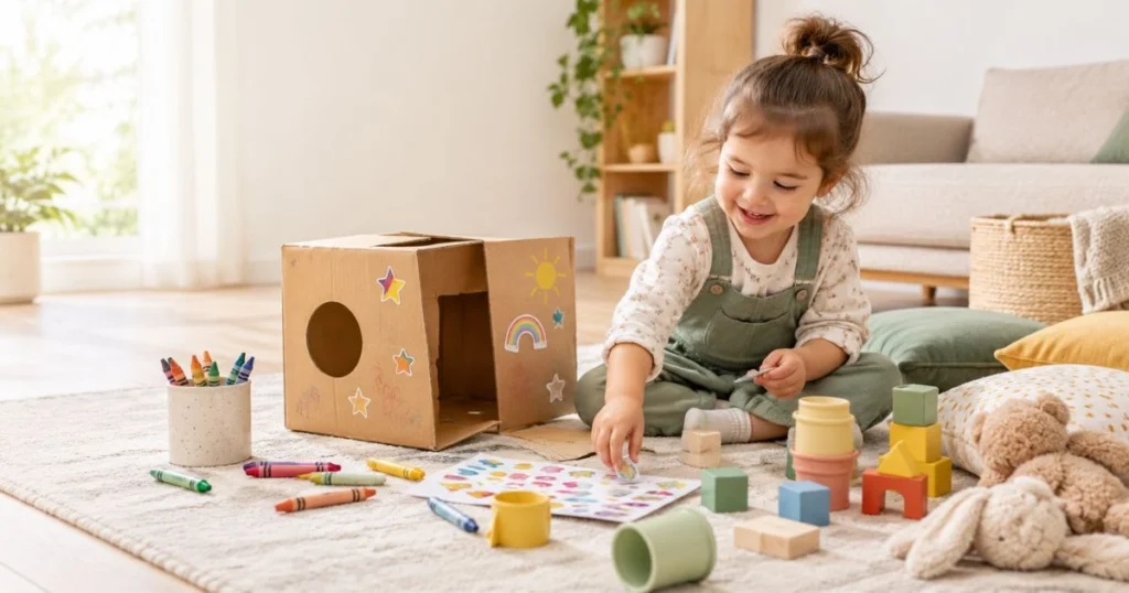 Toddler Activities: 50 Easy Ideas to Keep Little Kids Busy 4 Toddler playing with simple activities using cardboard, crayons, blocks, cups, stickers, and soft toys at home