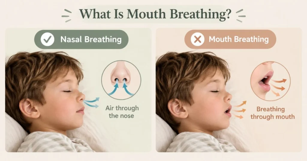 How to Stop Mouth Breathing Naturally: Tips & Causes 4 Illustration comparing nasal breathing and mouth breathing in a child