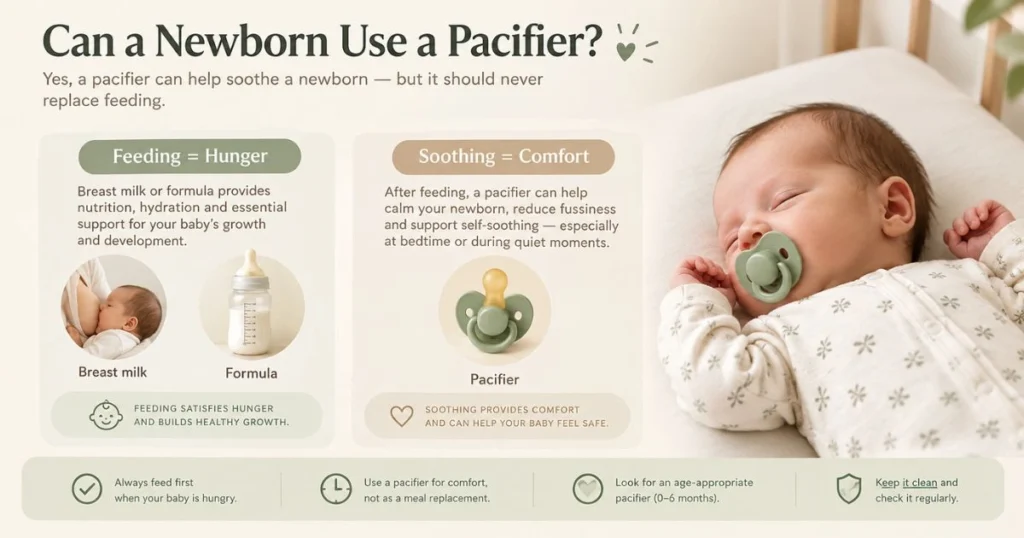 Newborn Pacifier Safety: When and How to Use One 4 Newborn pacifier guidance showing that pacifiers soothe but should not replace feeding