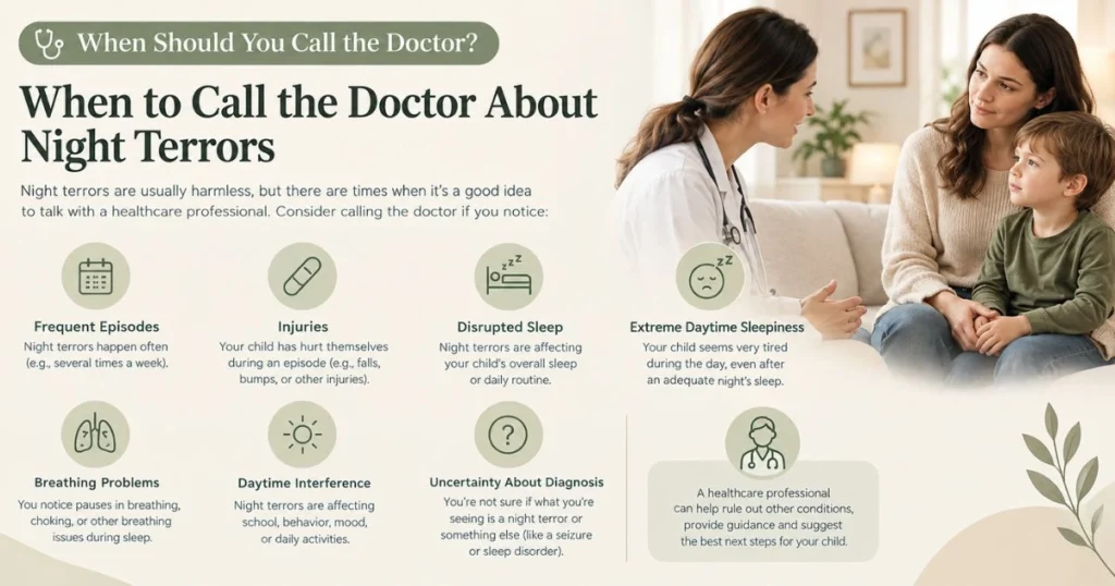 What Are Night Terrors? Causes, Signs & How to Help 8 Checklist showing when parents should talk with a healthcare professional about night terrors.