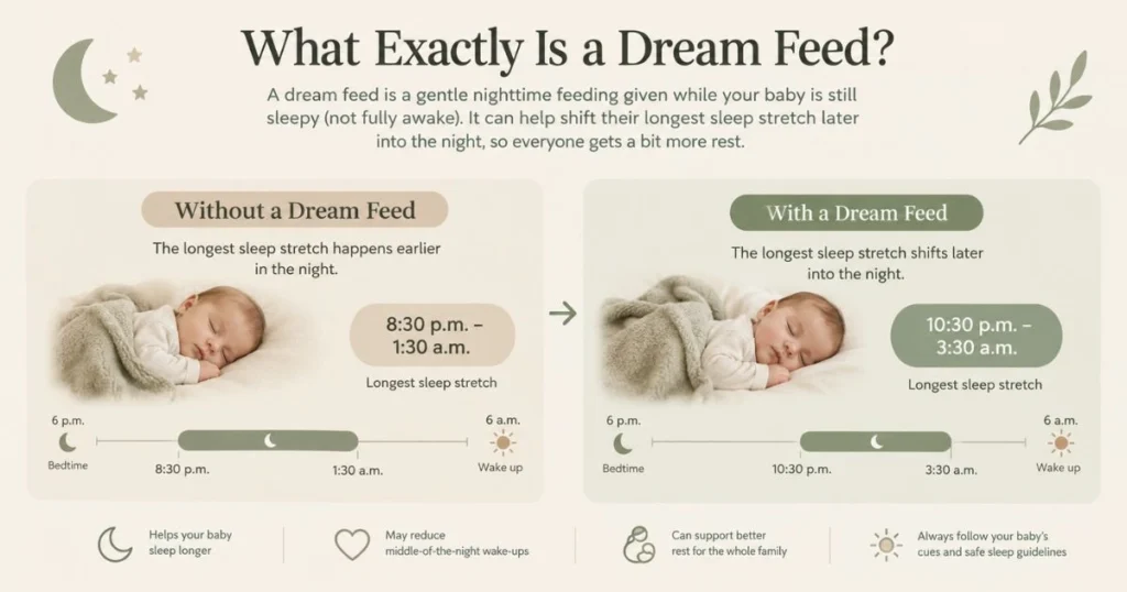 Infographic showing how a dream feed can shift a baby's longest sleep stretch later at night.