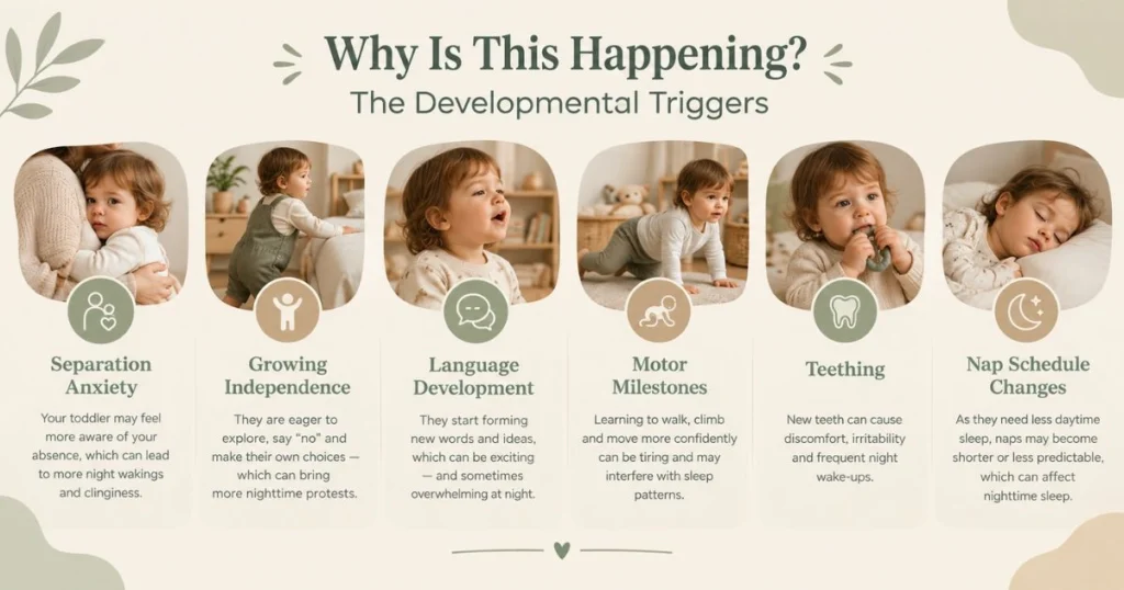 The 18 Month Sleep Regression 4 Infographic showing developmental triggers of the 18-month sleep regression
