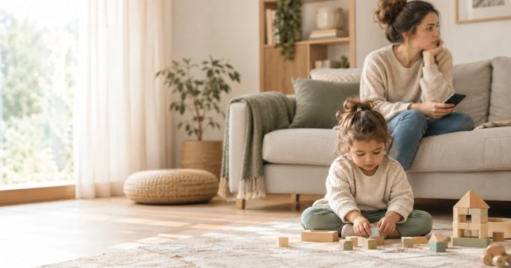 Uninvolved Parenting: Signs, Causes, Effects, and How to Break the Cycle 3 Parent and child together while the parent appears emotionally distracted