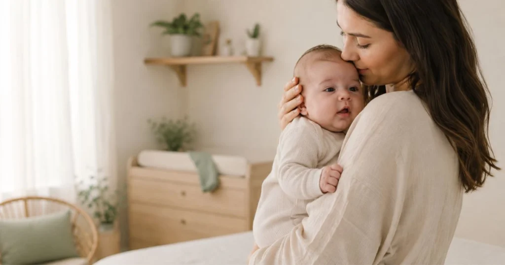 Baby being gently held after feeding while showing a calm expression