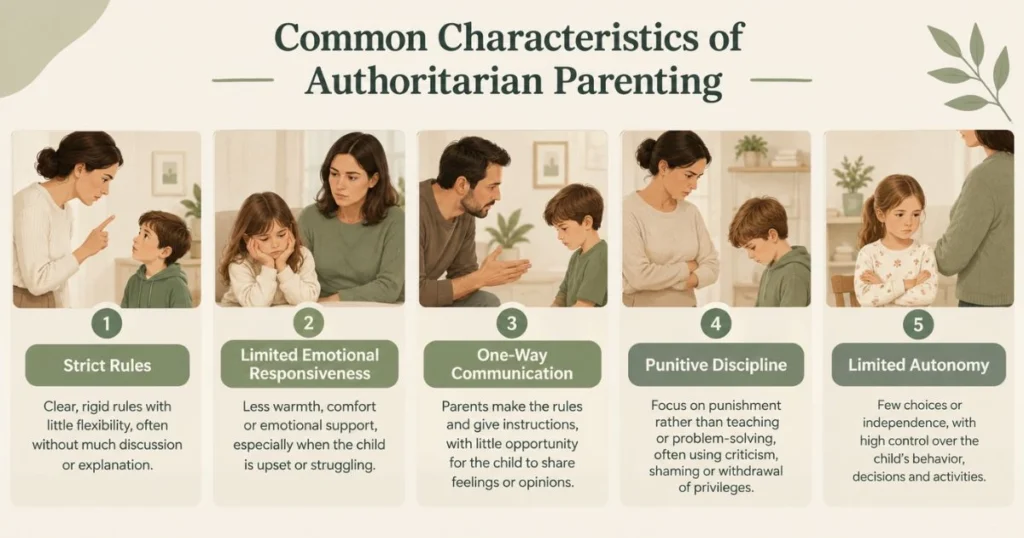 Authoritarian Parenting: Characteristics, Effects, and Healthier Alternatives 4 Five common characteristics of authoritarian parenting