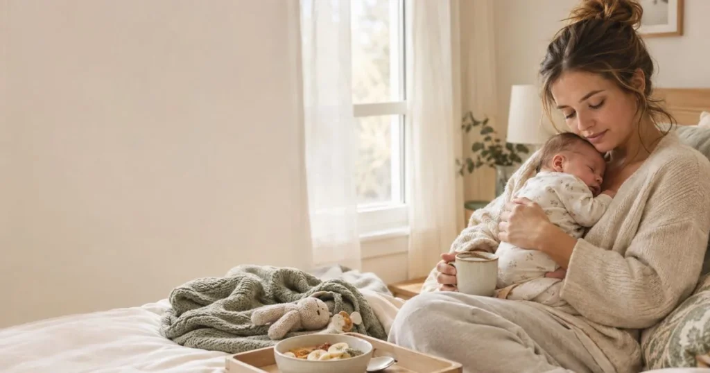 First-time mother holding her newborn near a window while enjoying a warm cup of coffee or tea in a cozy, neutral-toned home.