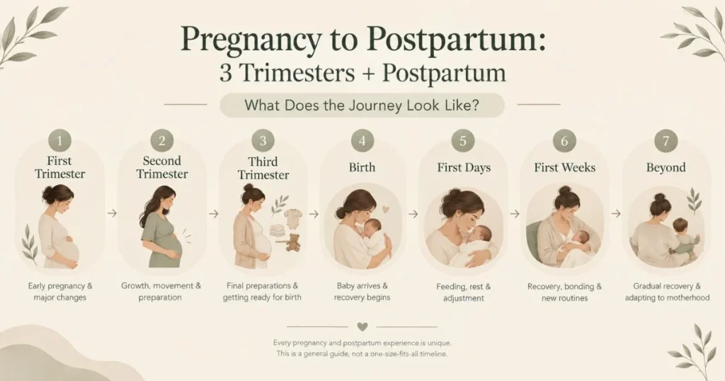 Pregnancy to postpartum timeline showing the three trimesters, birth, first days, first weeks, and recovery