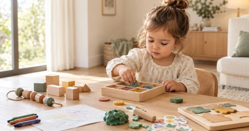 Fine Motor Activities for Toddlers: Easy Activities by Age 3 Toddler playing with blocks, play dough, crayons, and stickers at home