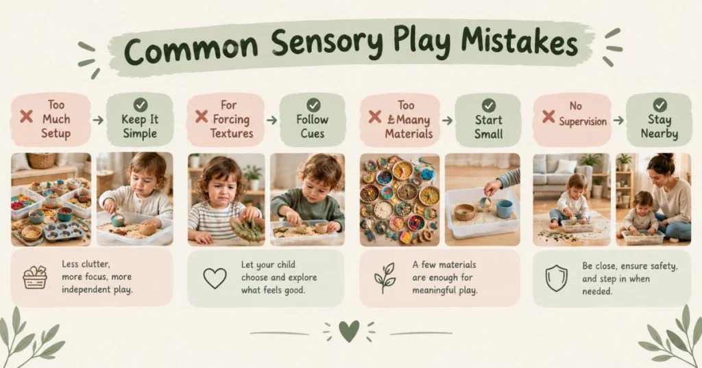 Sensory Play: 25 Easy Activities for Toddlers at Home 25 Infographic showing common sensory play mistakes parents can avoid with toddlers