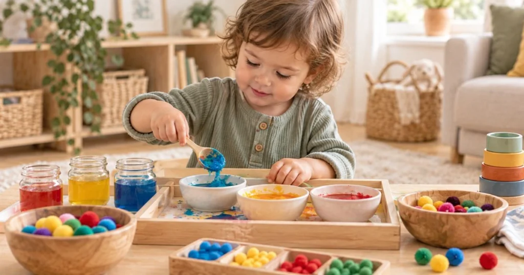 Sensory Play: 25 Easy Activities for Toddlers at Home 26 Two-year-old toddler exploring color mixing during open-ended sensory play