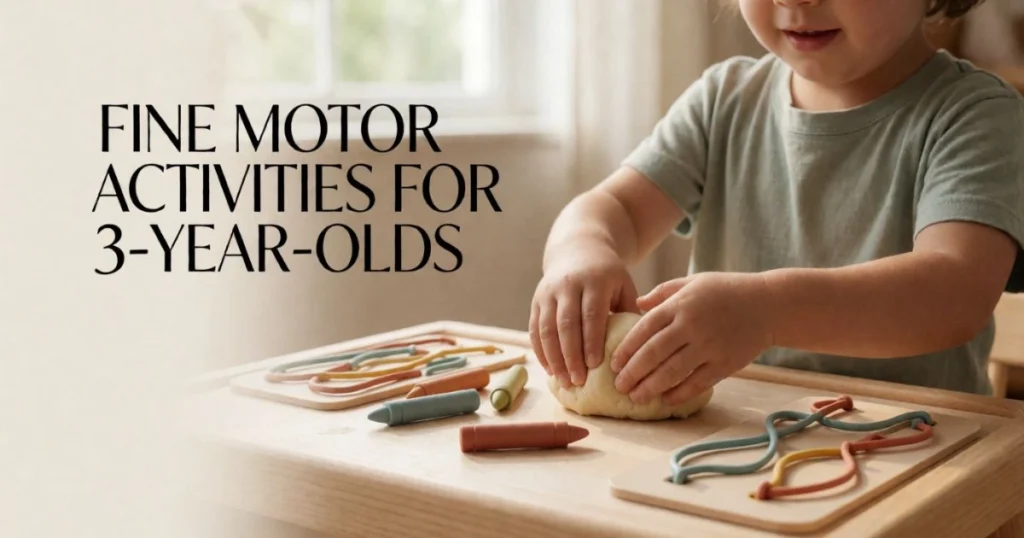 Fine Motor Activities for Toddlers: Easy Activities by Age 21 3-year-old child practicing fine motor skills with play dough, lacing, and crayons