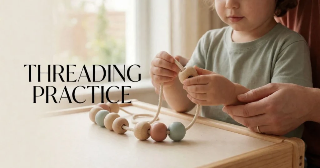 Fine Motor Activities for Toddlers: Easy Activities by Age 22 Child threading large age-appropriate beads with close adult supervision