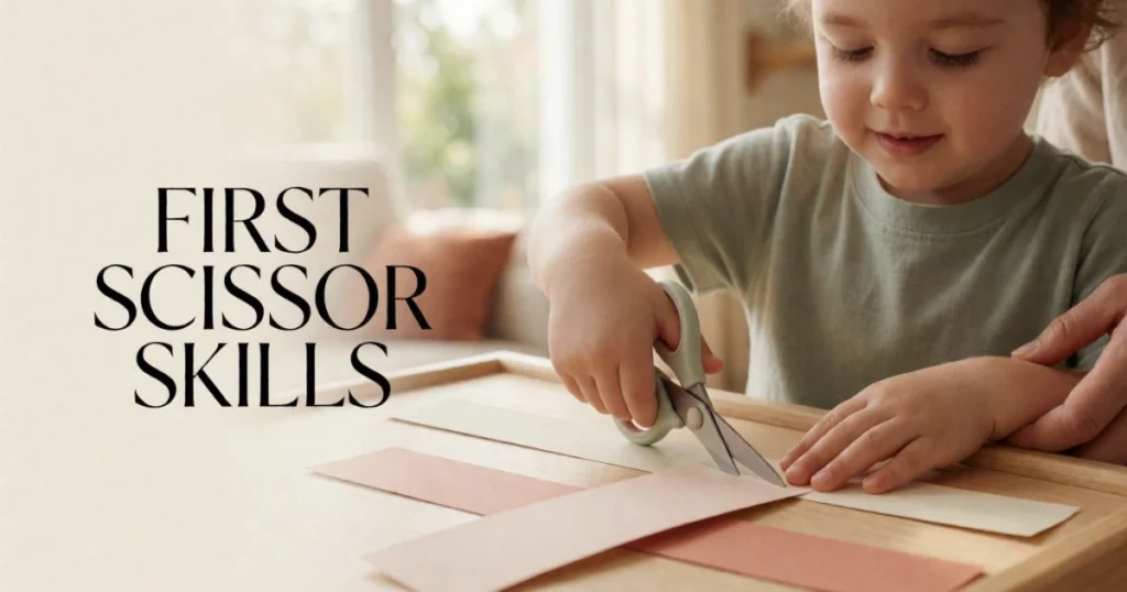 Fine Motor Activities for Toddlers: Easy Activities by Age 24 Toddler practicing paper snips with child-safe scissors under supervision