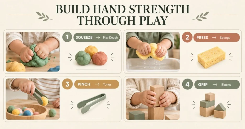 Fine Motor Activities for Toddlers: Easy Activities by Age 27 Infographic showing play activities that help toddlers practice hand strength