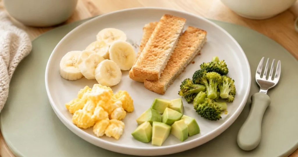 Balanced toddler plate with scrambled egg, whole-grain toast, avocado, broccoli and banana