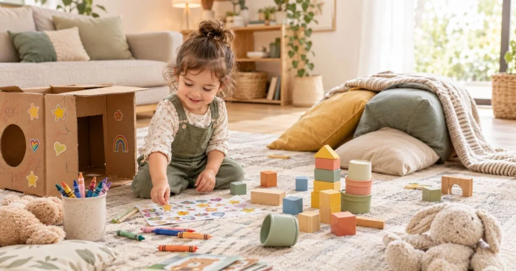 Toddler Activities: 50 Easy Ideas to Keep Little Kids Busy 6 Toddler enjoying simple indoor activities with cardboard box, stickers, blocks, crayons, and cushions