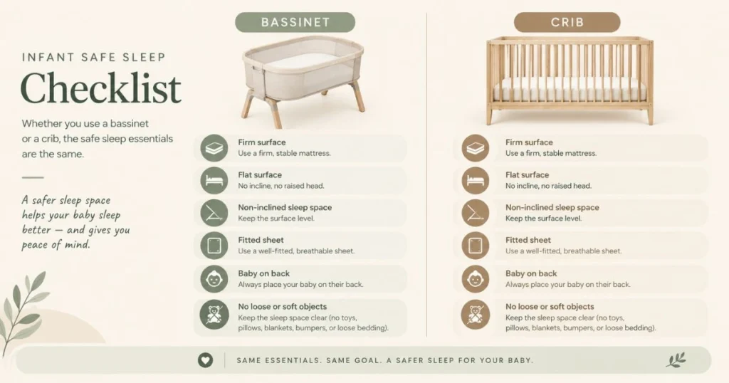 Bassinet vs Crib: How to Choose the Right One 6 Bassinet vs crib safe sleep checklist with firm flat surface and bare sleep space