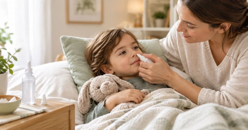 How to Stop Mouth Breathing Naturally: Tips & Causes 6 Parent helping a child manage nasal congestion with a gentle saline routine