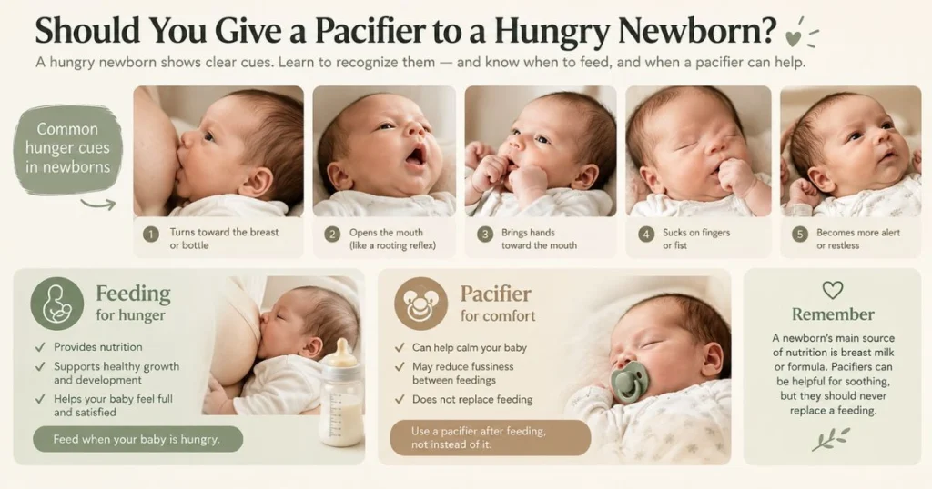 Newborn Pacifier Safety: When and How to Use One 5 Newborn hunger cues including opening the mouth, turning toward the breast or bottle and bringing hands to the mouth